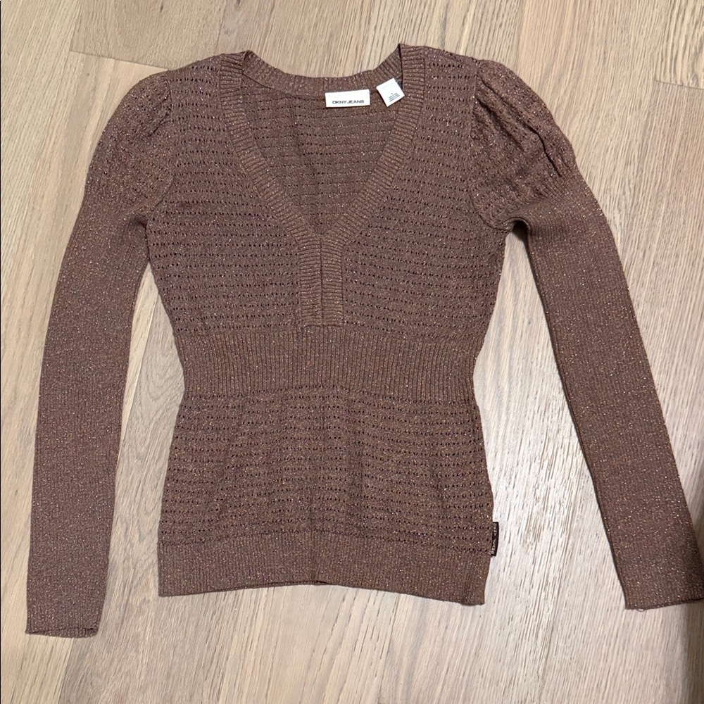 DKNY Brown Shimmer V-Neck Knit Sweater